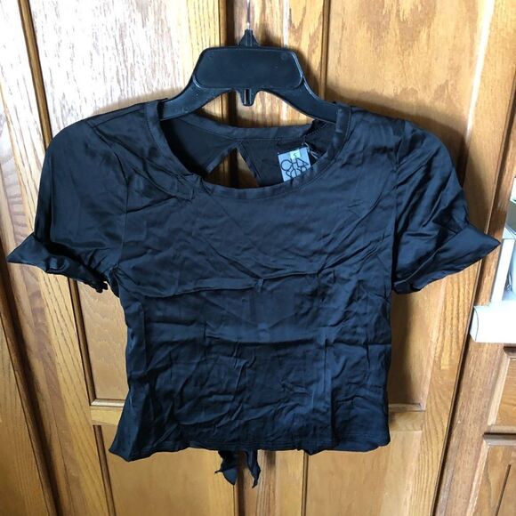 NWT Chaser Y2K Satin Crop Open Back Tie Tee Top Black - S - Picture 7 of 11